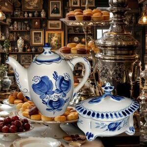 Gzhel Teapot & Sugar Bowl Set.  Vintage Russian Porcelain.  NEW!